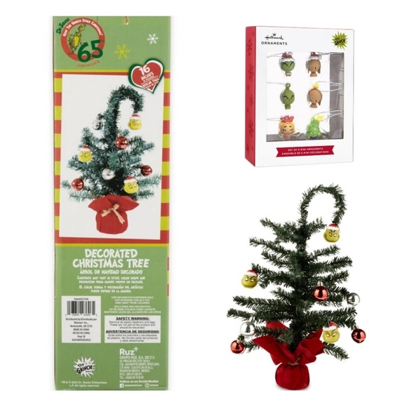 Dr Seuss' The Grinch 16 inch Tree with 6 additional Hallmark Ornaments - Picture 1 of 4